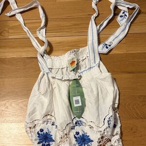 FARM Rio White and Blue Embroidered Top